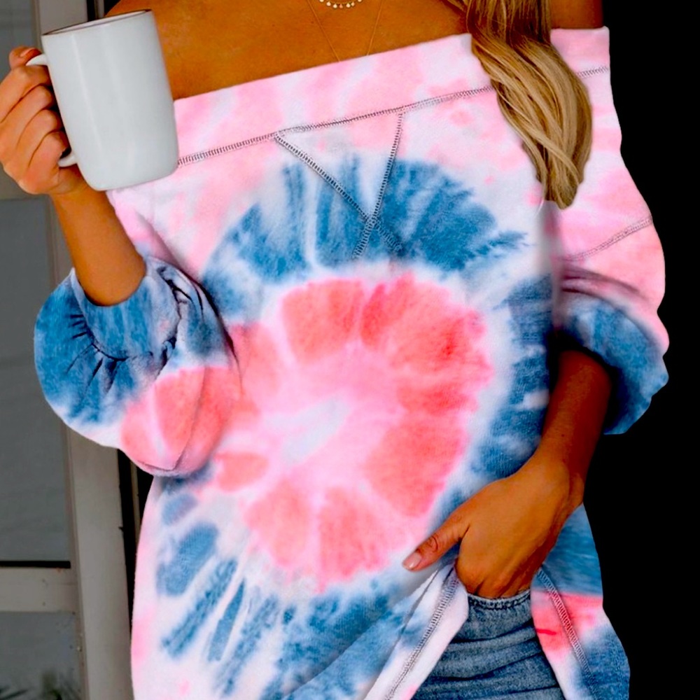 Pink Off The Shoulder Tie-dye Knit Top